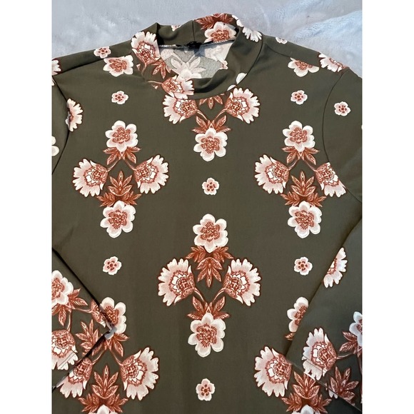 As U Wish Women's Olive Green Floral Knee Length Dress Size Large Mock Neck - Picture 3 of 8
